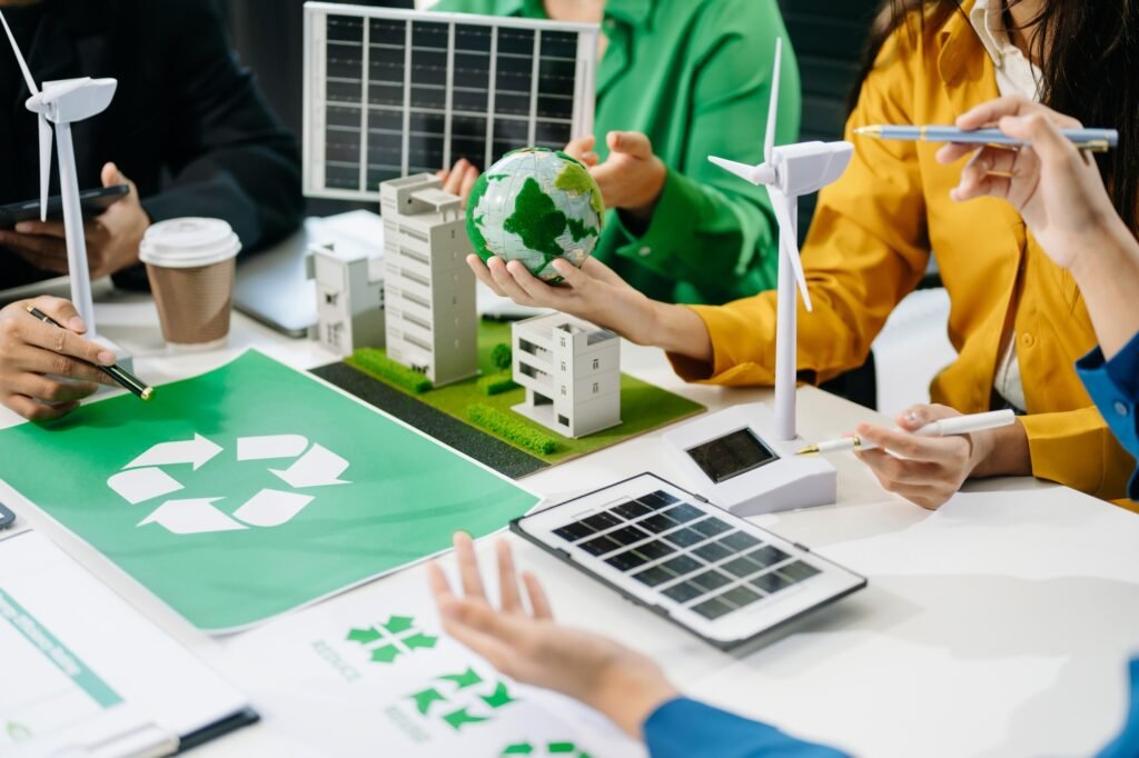 Business team working virtual modern smartphone to reduce CO2 emissions carbon footprint